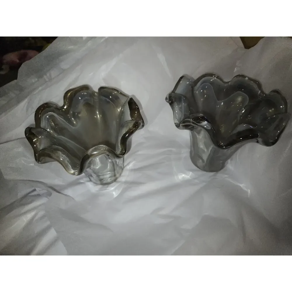 Vintage Italian Art Glass Ruffled Candle Holders Pair Smoke Gray Tammaro